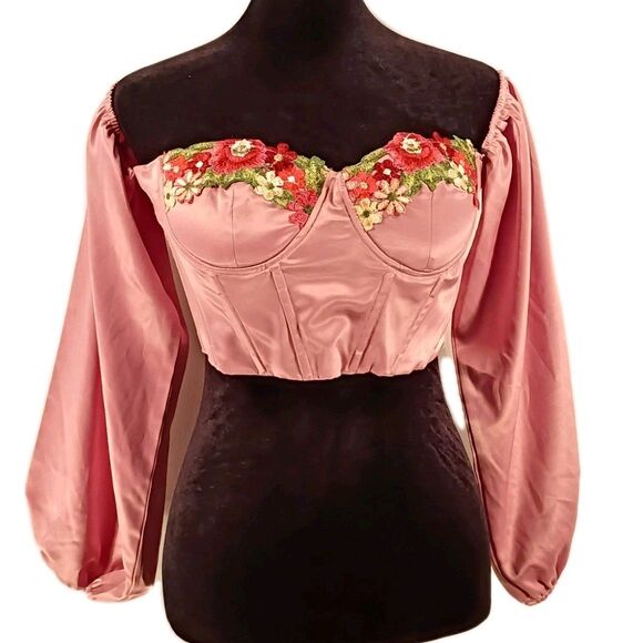 Pink Satin Bustier Corset Size S Renaissance Lace Up Back Sweetheart Poet Sleeve - Picture 3 of 16